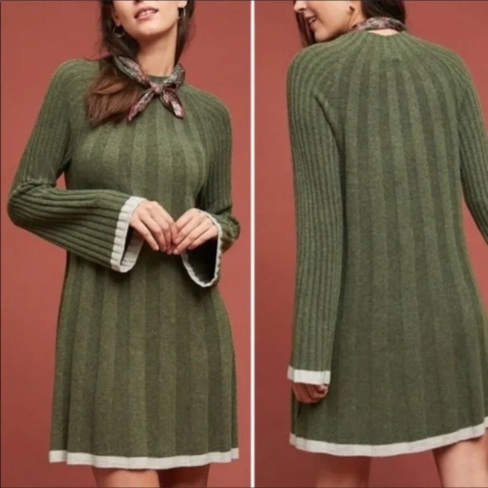 Anthropologie Arseneau Dark GreenBell
Sleeve Sweater Dress Ribbed Knit XS E